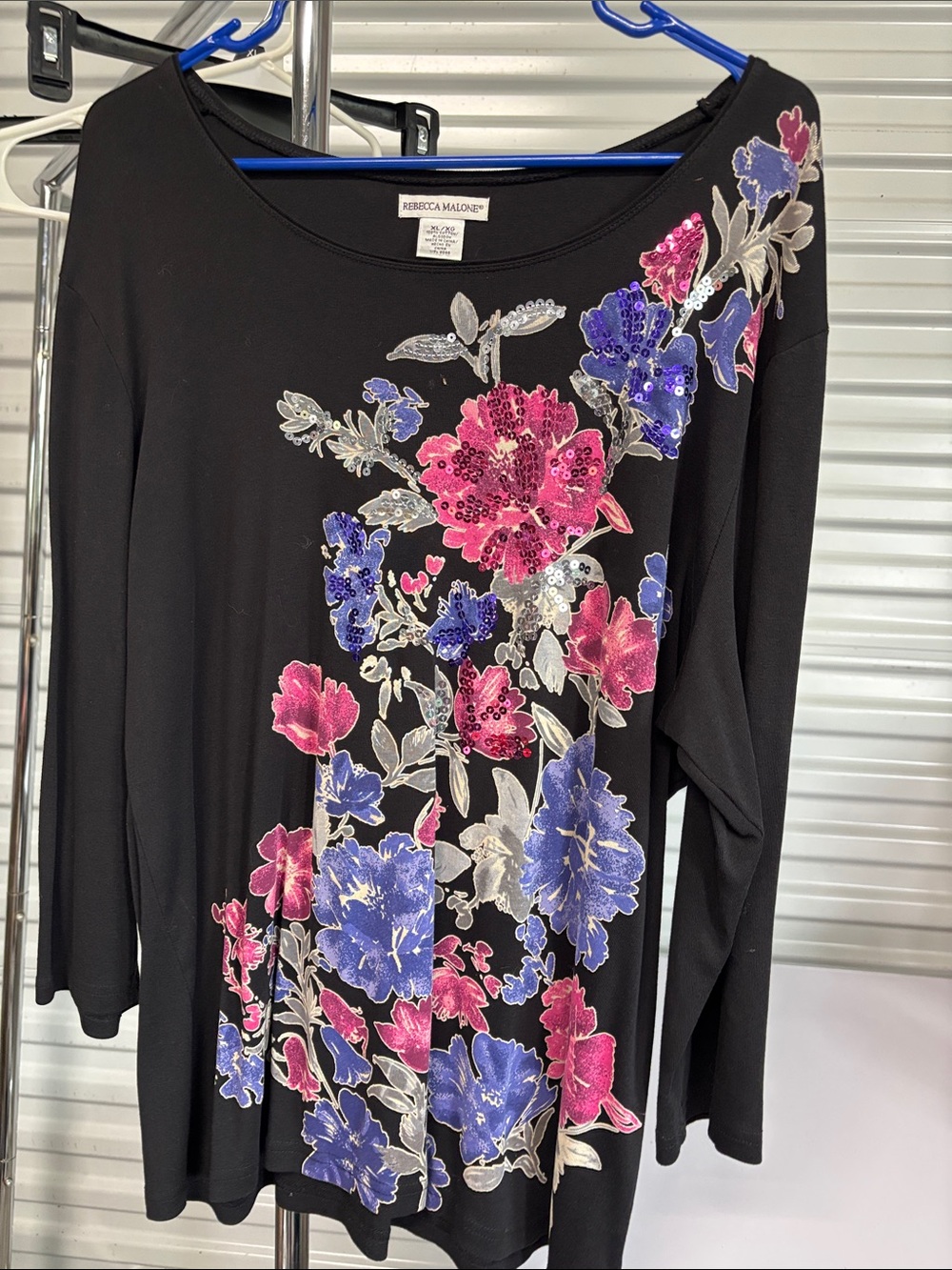 Rebecca Malone Black Floral Sequin Boatneck Top